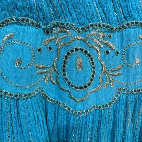Vintage 80’s Gauze Teal w/Gold Embroidery Metallic Details Dress/Swim Cover Up - Picture 6 of 8